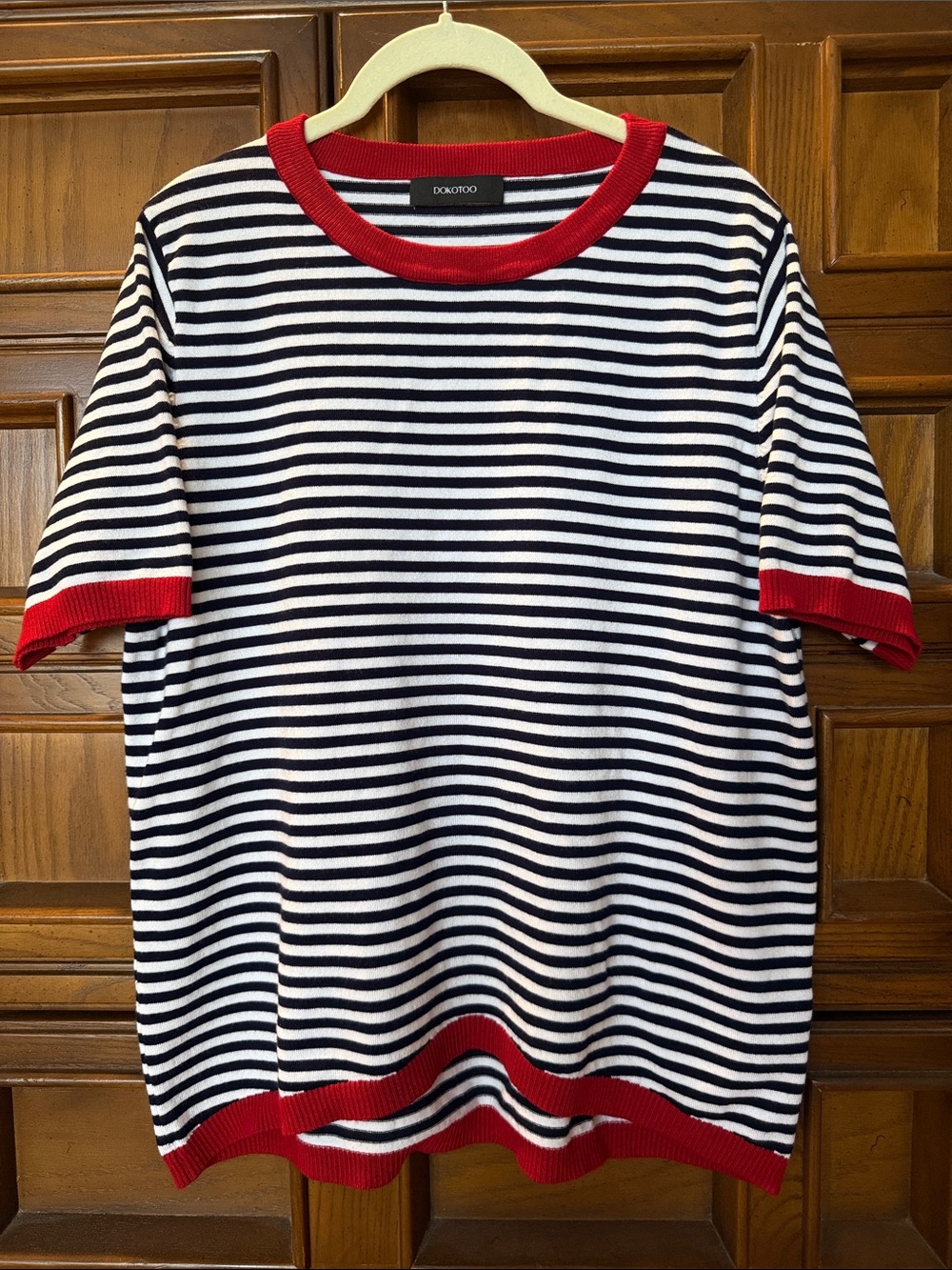 Blue & White Nautical Striped Knit Top with Red Trim - Perfect for the boat!